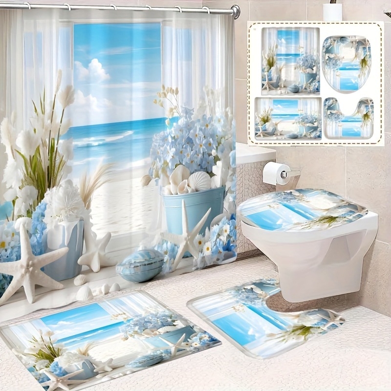 Kúpeľňový štvordielny set v námornom štýle s motívom morskej hviezdy a rastlín, polyester, potlač, tlačené logo, vlastné spracovanie