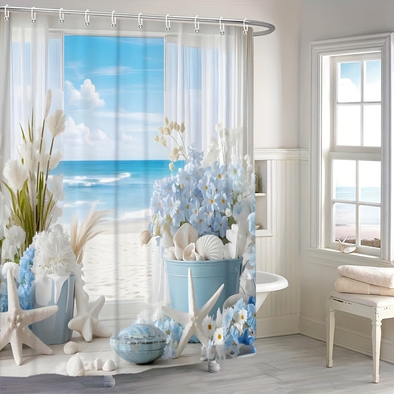 Kúpeľňový štvordielny set v námornom štýle s motívom morskej hviezdy a rastlín, polyester, potlač, tlačené logo, vlastné spracovanie