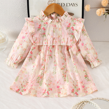 Памучна рокля за момичета с дълги ръкави, принцес стил, флорална шарка, с мека обработка на тъканта