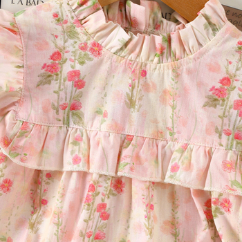 Памучна рокля за момичета с дълги ръкави, принцес стил, флорална шарка, с мека обработка на тъканта