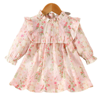 Памучна рокля за момичета с дълги ръкави, принцес стил, флорална шарка, с мека обработка на тъканта