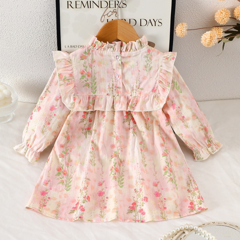 Памучна рокля за момичета с дълги ръкави, принцес стил, флорална шарка, с мека обработка на тъканта