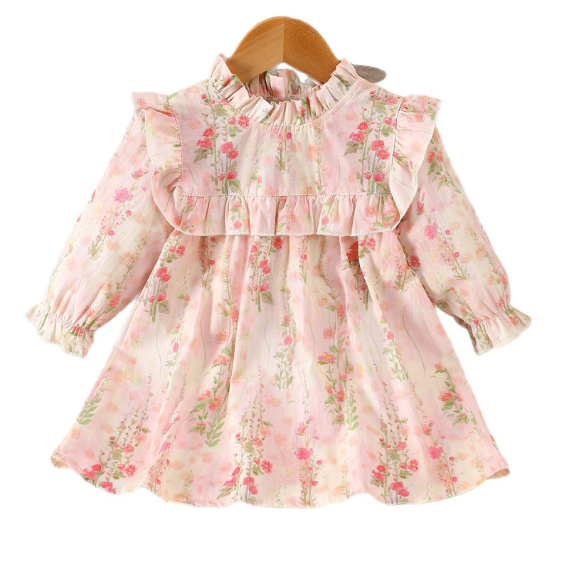 Памучна рокля за момичета с дълги ръкави, принцес стил, флорална шарка, с мека обработка на тъканта