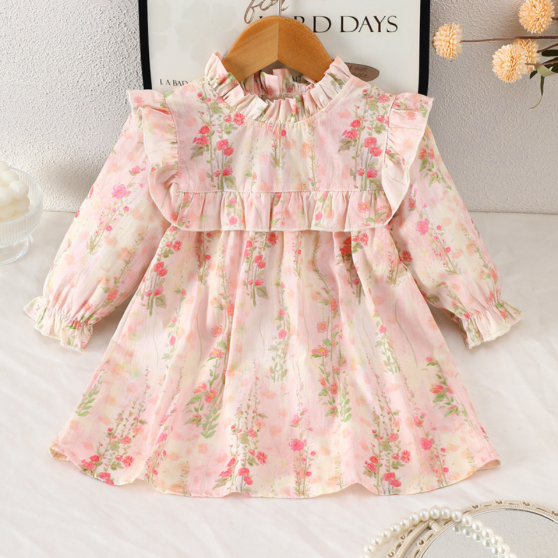 Памучна рокля за момичета с дълги ръкави, принцес стил, флорална шарка, с мека обработка на тъканта