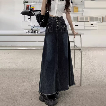 Džinsinė sijonė su aukšta juosmeniu dideliems dydžiams, geometrinis raštas, medvilnės-elastano mišinys, smėlio plovimas