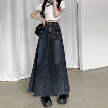 Džinsinė sijonė su aukšta juosmeniu dideliems dydžiams, geometrinis raštas, medvilnės-elastano mišinys, smėlio plovimas