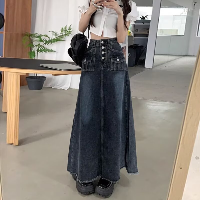 Džinsinė sijonė su aukšta juosmeniu dideliems dydžiams, geometrinis raštas, medvilnės-elastano mišinys, smėlio plovimas