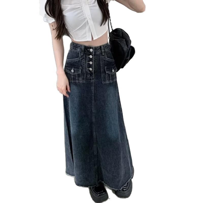 Džinsinė sijonė su aukšta juosmeniu dideliems dydžiams, geometrinis raštas, medvilnės-elastano mišinys, smėlio plovimas