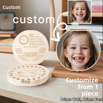 Drevená pamätná schránka na mliečne zuby dieťaťa so personalizovaným krytom a tlačou fotografií