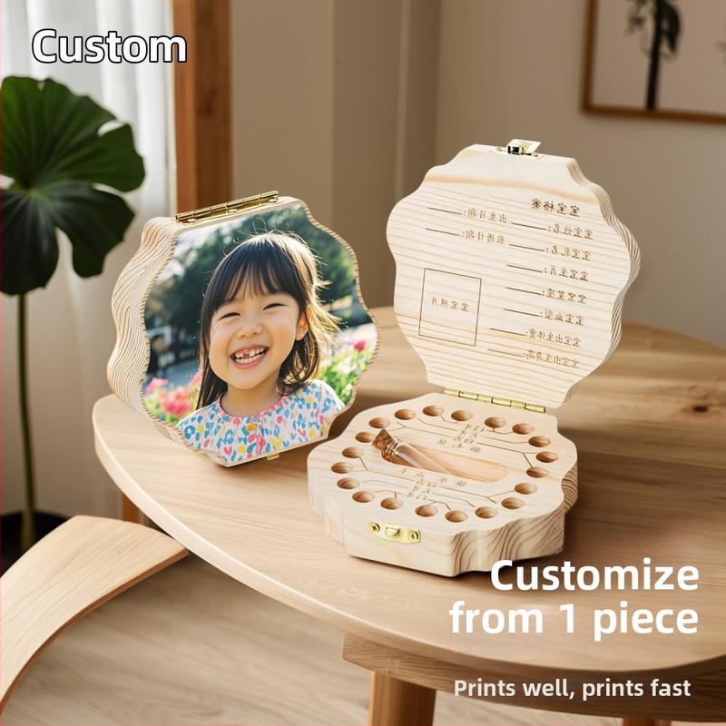 Koka piemiņas uzglabāšanas kaste zīdaiņa piena zobiem ar personalizētu vāku un fotogrāfiju drukāšanu