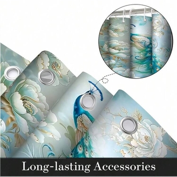 Elegantný kúpeľňový set s motívom páva, 4 diely: sprchová záclona, protišmyková rohož, rohož na veko toalety, rohož tvaru U | Materiál: polyester; Štýl: moderný minimalistický; Vzor: potlač