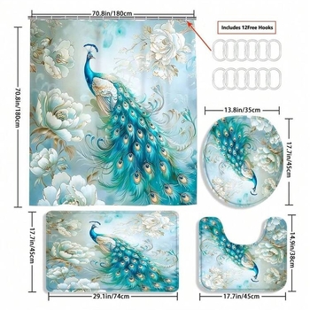 Elegantný kúpeľňový set s motívom páva, 4 diely: sprchová záclona, protišmyková rohož, rohož na veko toalety, rohož tvaru U | Materiál: polyester; Štýl: moderný minimalistický; Vzor: potlač