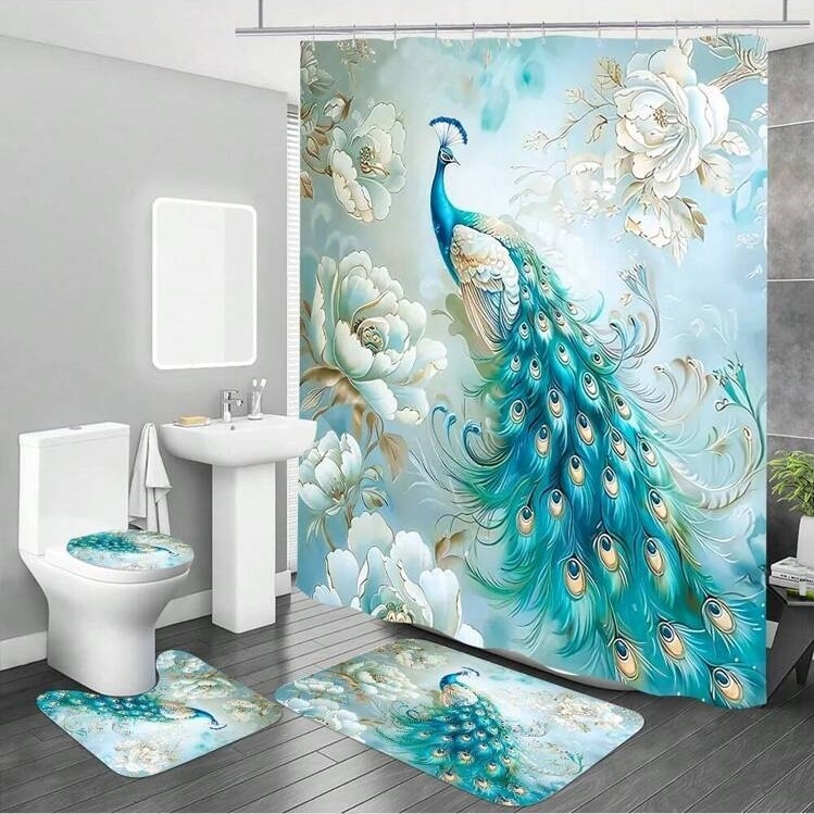 Elegantný kúpeľňový set s motívom páva, 4 diely: sprchová záclona, protišmyková rohož, rohož na veko toalety, rohož tvaru U | Materiál: polyester; Štýl: moderný minimalistický; Vzor: potlač