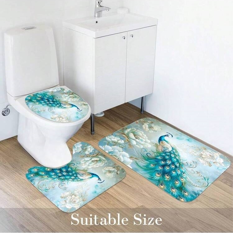 Elegantný kúpeľňový set s motívom páva, 4 diely: sprchová záclona, protišmyková rohož, rohož na veko toalety, rohož tvaru U | Materiál: polyester; Štýl: moderný minimalistický; Vzor: potlač