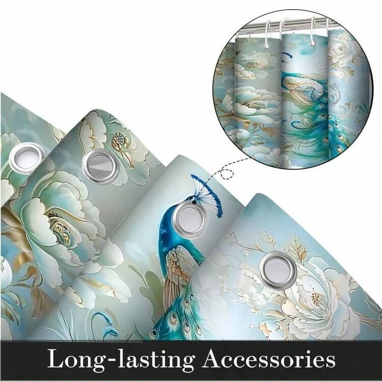 Elegantný kúpeľňový set s motívom páva, 4 diely: sprchová záclona, protišmyková rohož, rohož na veko toalety, rohož tvaru U | Materiál: polyester; Štýl: moderný minimalistický; Vzor: potlač