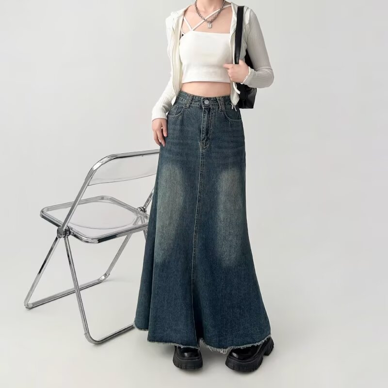 Denim midi suknja A-linije, bez nabiranja, 50–70% pamuka