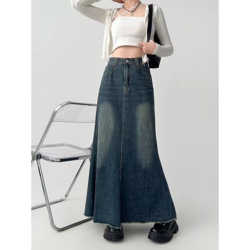 Denim midi suknja A-linije, bez nabiranja, 50–70% pamuka
