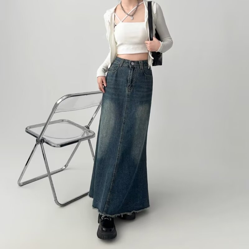 Denim midi suknja A-linije, bez nabiranja, 50–70% pamuka
