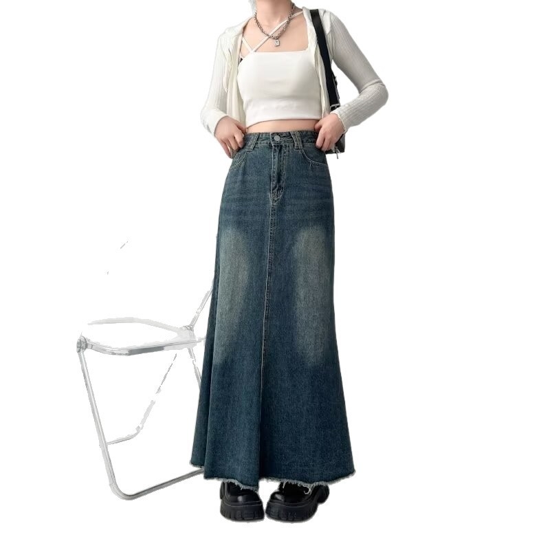 Denim midi suknja A-linije, bez nabiranja, 50–70% pamuka