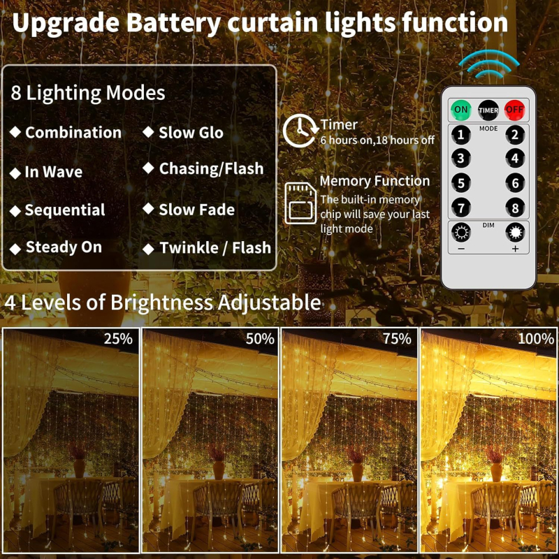 LED zavjesne svjetiljke od bakrene žice, 4 dijela, napajanje baterijama i solarnom energijom, model YTCLD047, IP65, upravljanje gumbom ili daljinskim upravljačem