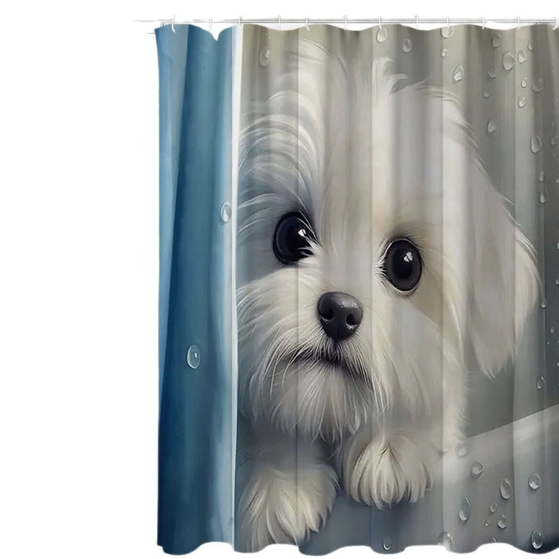 Tuš zavjesa s karikaturom bijelog psa, poliester, moderni minimalistički stil, prilagodba prema slici, prilagodba logotipa dostupna