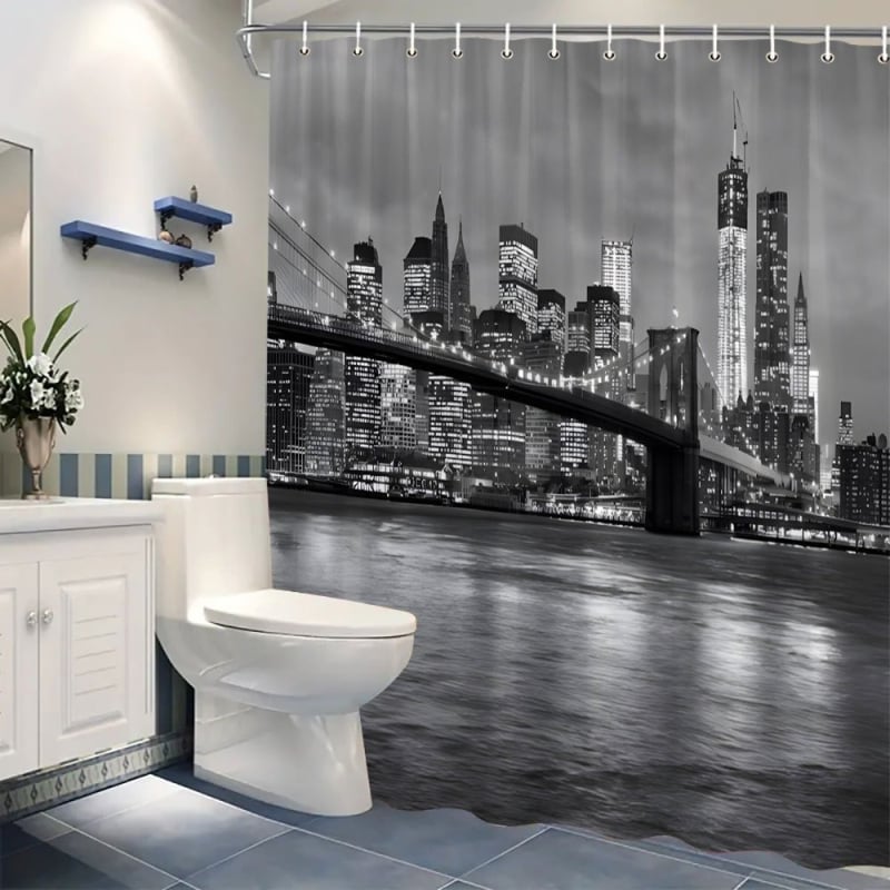 Kupaonska zavjesa od poliestera s motivom gradske nočne scene, strojno pranje, moderan stil, mogućnost logotipa, prilagodljivo prema crtežima