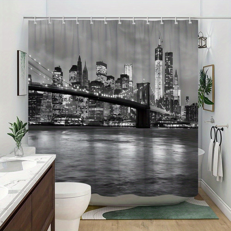 Kupaonska zavjesa od poliestera s motivom gradske nočne scene, strojno pranje, moderan stil, mogućnost logotipa, prilagodljivo prema crtežima
