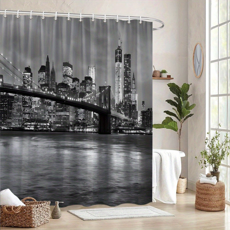 Kupaonska zavjesa od poliestera s motivom gradske nočne scene, strojno pranje, moderan stil, mogućnost logotipa, prilagodljivo prema crtežima