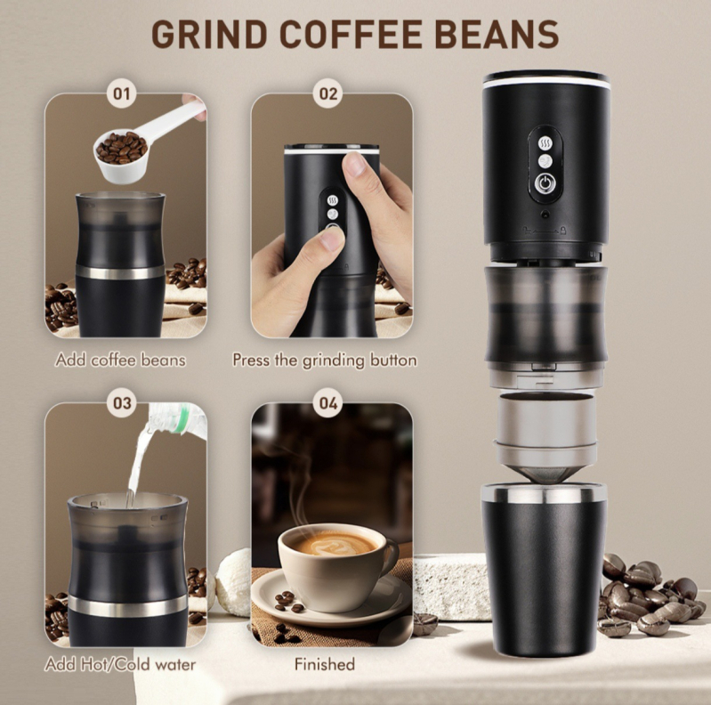 Капсулна портативна кафе машина – 3-в-1, напълно автоматична, с възможност за персонализация, пускане през 2025 г., тегло 502 г