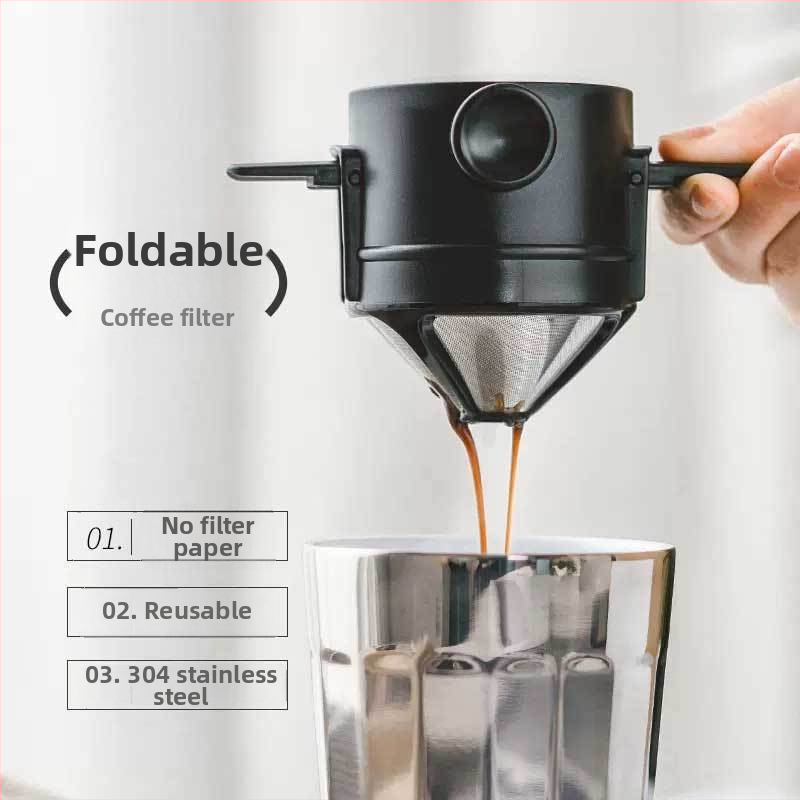 Nerezový kávový filter, dvojvrstvový, prenosný pre vonkajšie použitie, skladacia plastová rukoväť