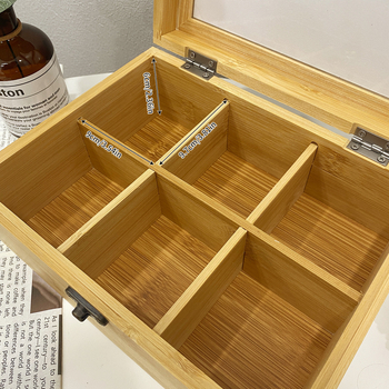 Šesťpriehradová bambusová krabica na usporiadanie čaju, kávy, pochúťok a šperkov, 45L kapacita, tlač loga, moderný minimalistický štýl