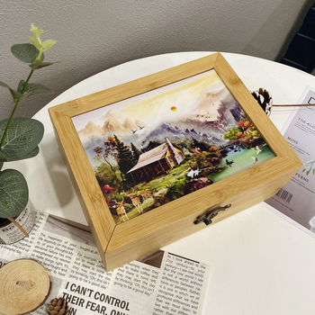 Šesťpriehradová bambusová krabica na usporiadanie čaju, kávy, pochúťok a šperkov, 45L kapacita, tlač loga, moderný minimalistický štýl