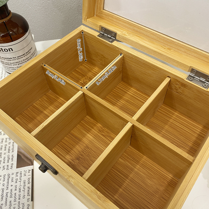 Šesťpriehradová bambusová krabica na usporiadanie čaju, kávy, pochúťok a šperkov, 45L kapacita, tlač loga, moderný minimalistický štýl