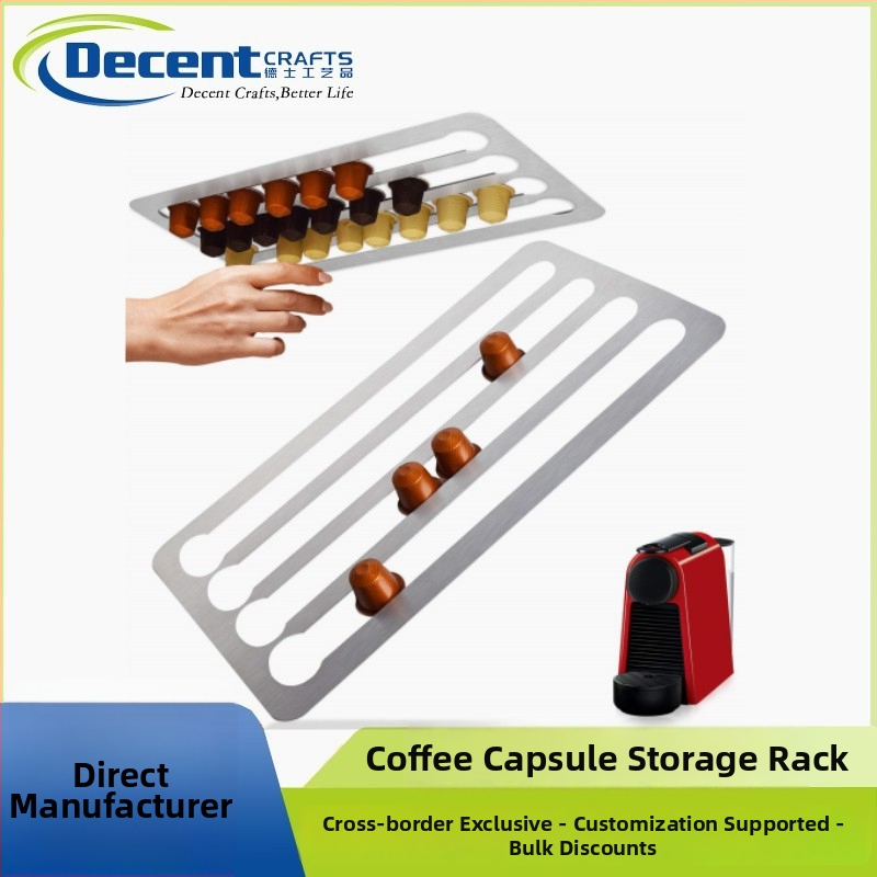 Kovový stojan na kapsule kávy, nástenná lepiaca montáž, moderný minimalistický štýl, uvedený v zime 2020