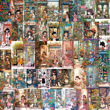 50 броя PVC стикери с ретро карикатури на малко момиченце и котка за DIY украса на куфари