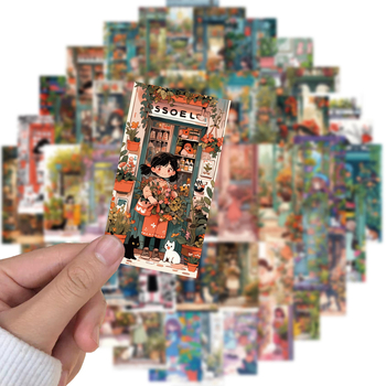 50 броя PVC стикери с ретро карикатури на малко момиченце и котка за DIY украса на куфари