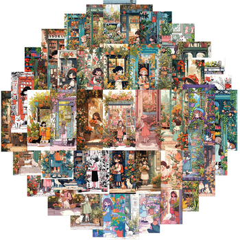 50 броя PVC стикери с ретро карикатури на малко момиченце и котка за DIY украса на куфари