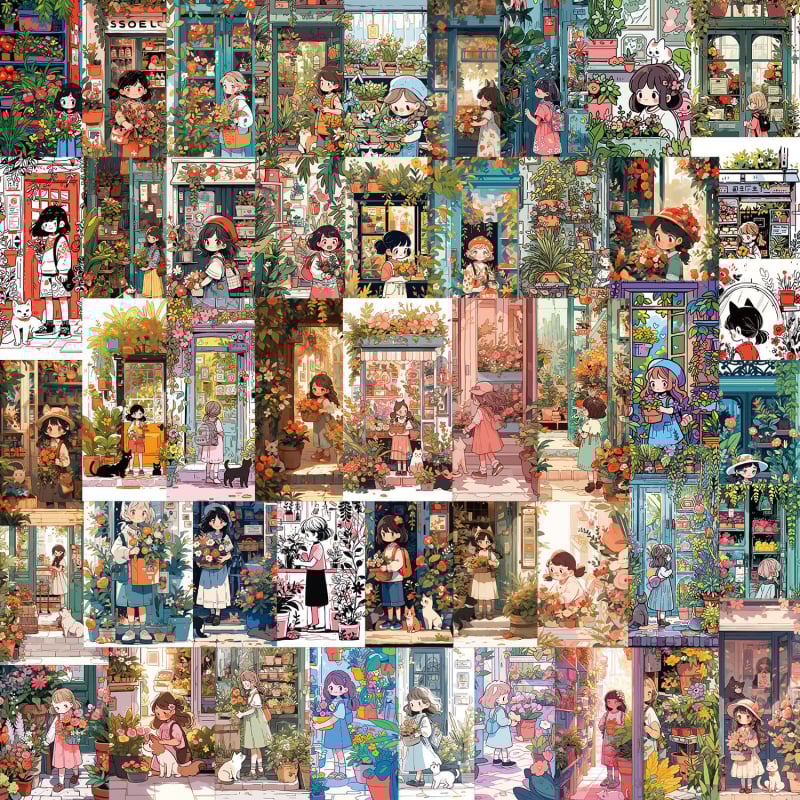 50 броя PVC стикери с ретро карикатури на малко момиченце и котка за DIY украса на куфари