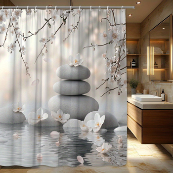 Poliészter zuhanyfüggöny lebegő virágszirom mintával, modern minimál stílus, kép-alapú testreszabás, logó nyomtatás elérhető