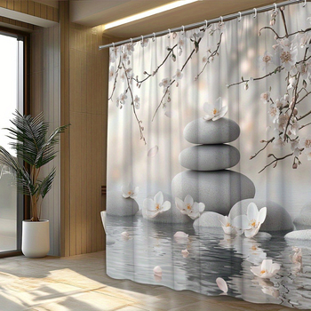 Poliészter zuhanyfüggöny lebegő virágszirom mintával, modern minimál stílus, kép-alapú testreszabás, logó nyomtatás elérhető