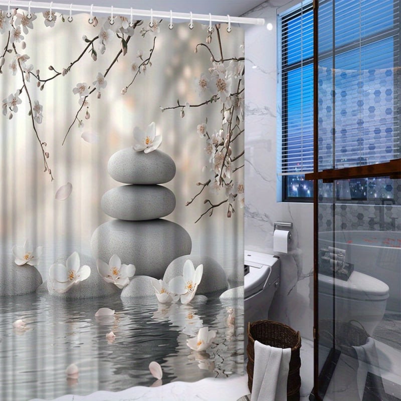Poliészter zuhanyfüggöny lebegő virágszirom mintával, modern minimál stílus, kép-alapú testreszabás, logó nyomtatás elérhető