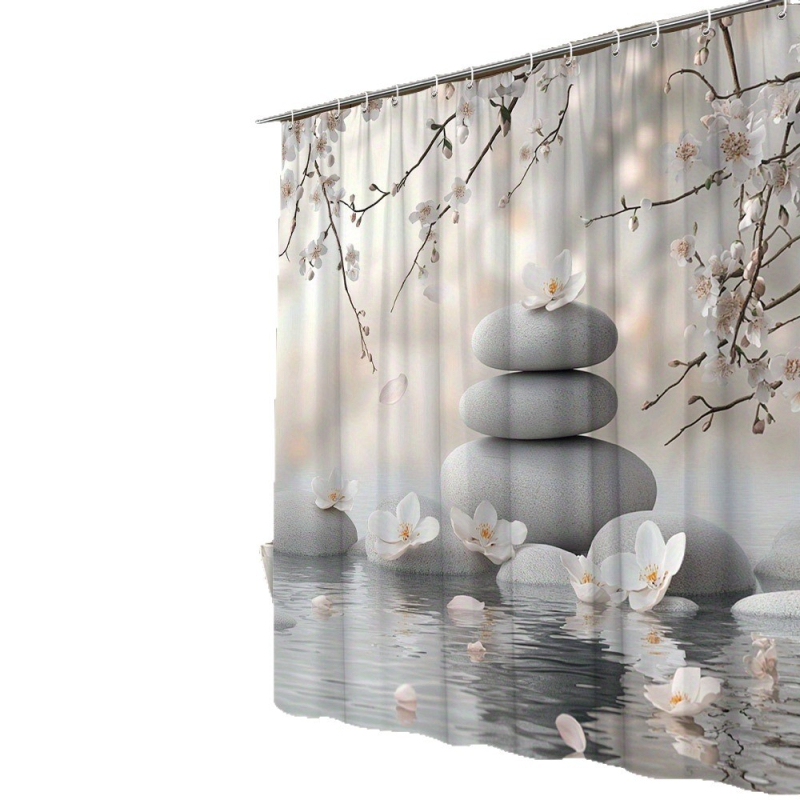 Poliészter zuhanyfüggöny lebegő virágszirom mintával, modern minimál stílus, kép-alapú testreszabás, logó nyomtatás elérhető