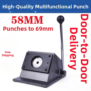 Rezačka na odznaky z tinového plechu – typ Buckle machine, model New badge machine cutter, 58mm odznaková rezacia, pre reklamu a podujatia, hmotnosť 5 kg, rýchlosť posunu 30.