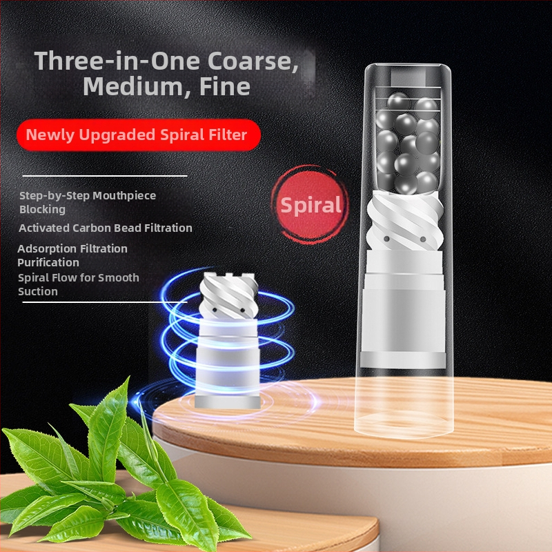 Plastikinis spiralinis cigarečių filtras su aktyviuo anglimi; daugkartinio naudojimo; trijų tipų filtras (storasis, vidutinis, smulkus); pakuotė 245 vnt