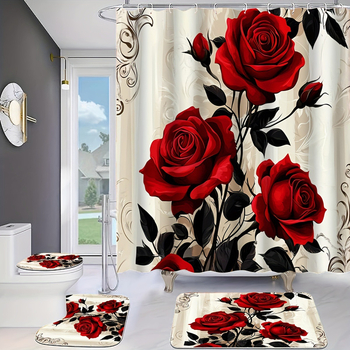 Kúpeľňový set: antišmyková rohož vo forme U a sprchová záves, 4-dielny, polyester, moderný minimalistický štýl, potlač