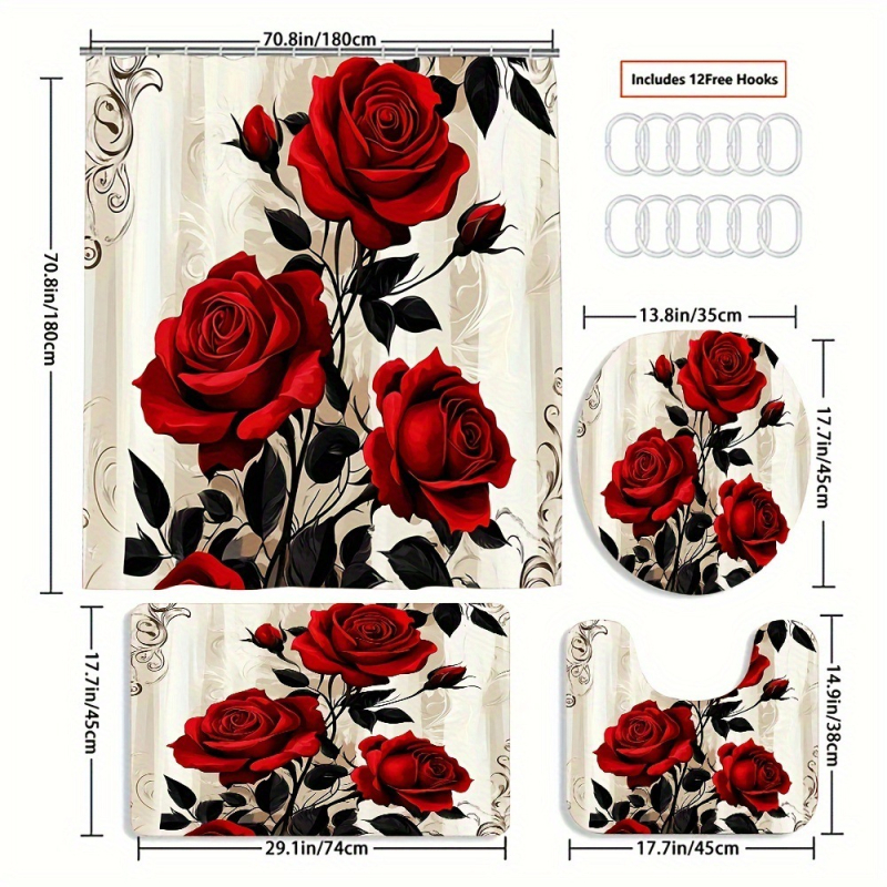 Kúpeľňový set: antišmyková rohož vo forme U a sprchová záves, 4-dielny, polyester, moderný minimalistický štýl, potlač