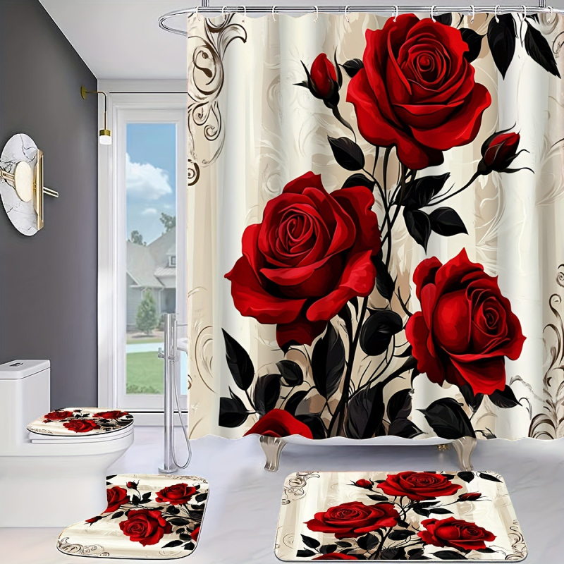 Kúpeľňový set: antišmyková rohož vo forme U a sprchová záves, 4-dielny, polyester, moderný minimalistický štýl, potlač