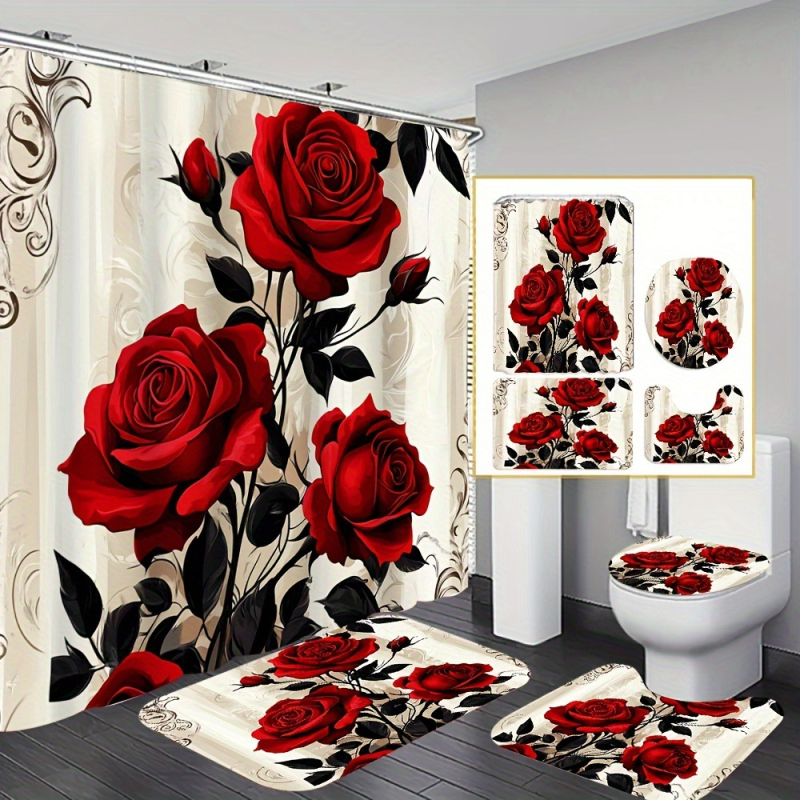 Kúpeľňový set: antišmyková rohož vo forme U a sprchová záves, 4-dielny, polyester, moderný minimalistický štýl, potlač