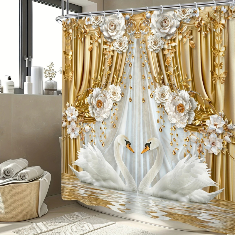 Sprchový záves – moderný minimalistický luxusný dizajn s labuťou pre kúpeľne, digitálny potlač na 90g tarpauline, vlhkostodolný, prispôsobiteľný