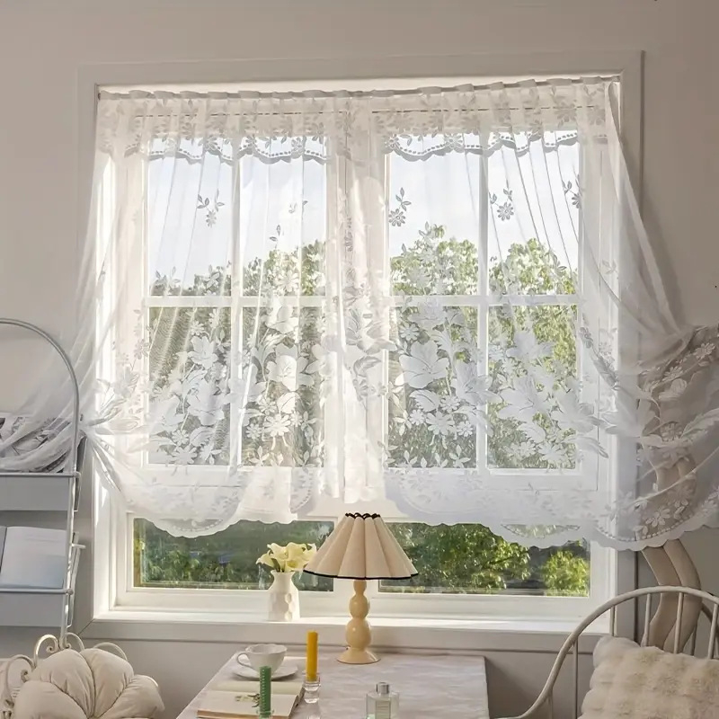 Завеса за врата, мрежеста тъкан, флорален растителен мотив, свеж и семпъл стил, за трапезария, защита от слънцето и UV защита